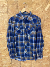 Vintage 80s beige blue brushed cotton check western twin pocket cowboy shirt size XL by Youngblood w